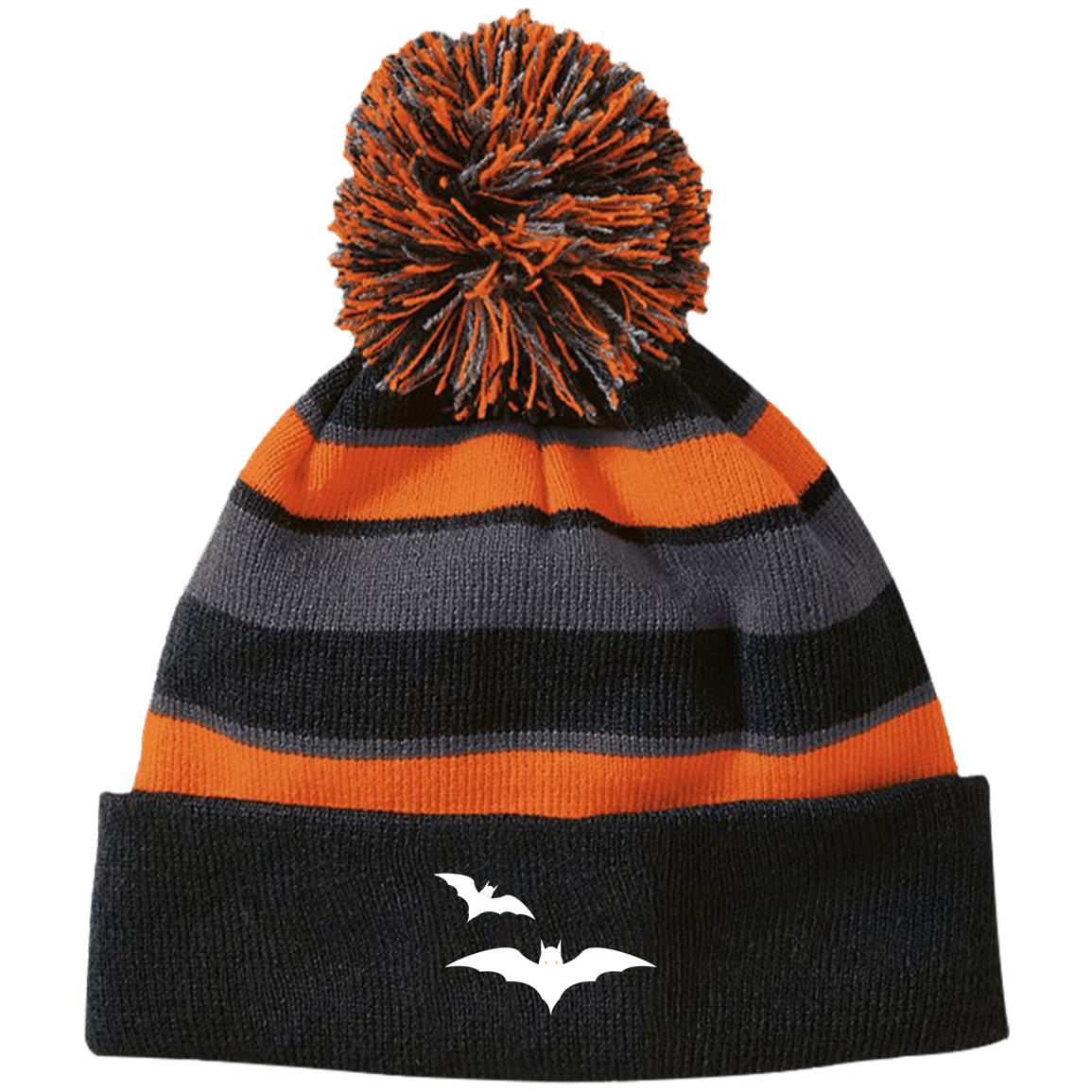 HalloweenBatWhite-223835 Striped Beanie with Pom