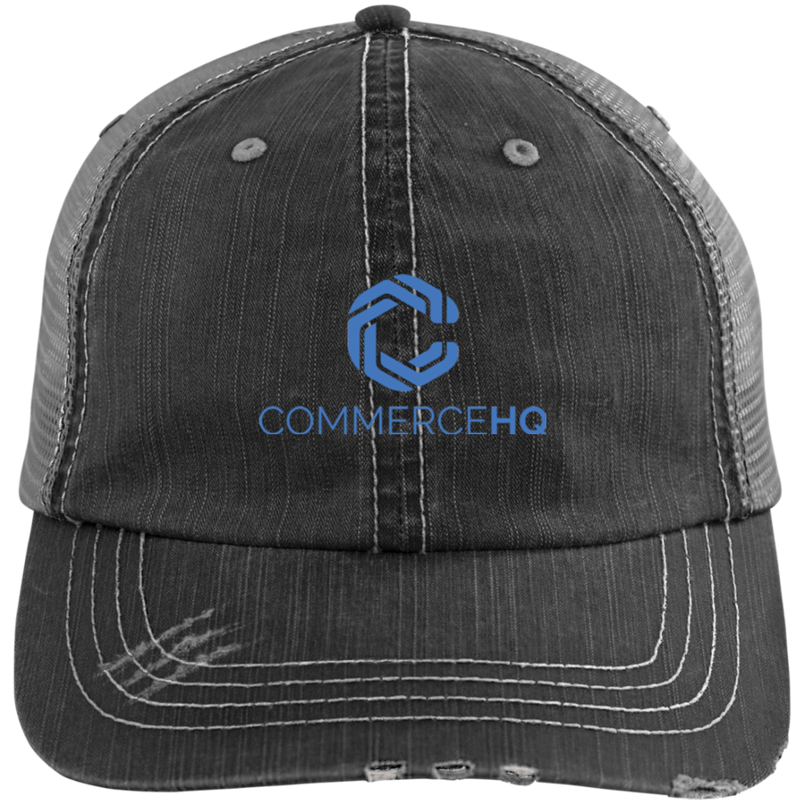 chq logo blue 6990 Distressed Unstructured Trucker Cap