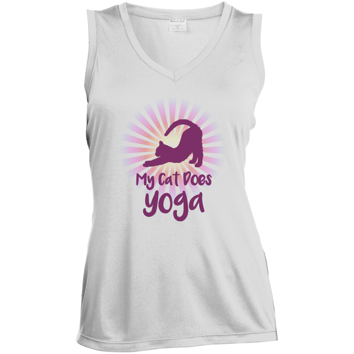 my cat does yoga LST352 Sport-Tek Ladies' Sleeveless Moisture Absorbing V-Neck